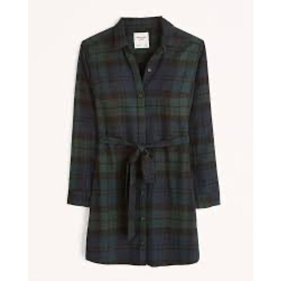 Abercrombie + Fitch Flannel Shirt Dress Plaid Belted Green Long Sleeve - Picture 1 of 7